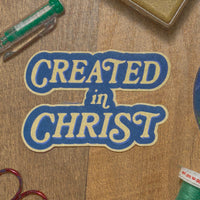 Created in Christ Sticker - Creme and Blue Lettering